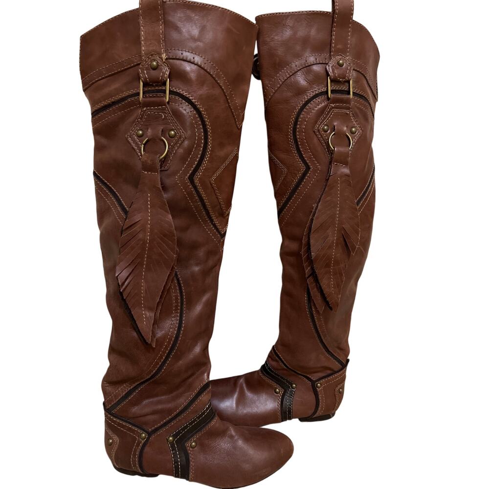 ZIGI Ziginy Brown & Black Knee High Leather Boots Women's Size 6 Festival Boho